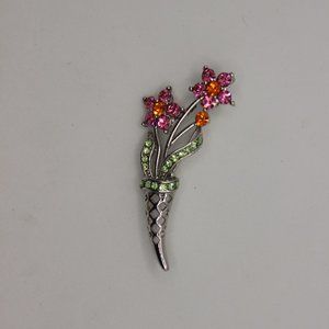 Rhinestone Flower Brooch Silver Tone